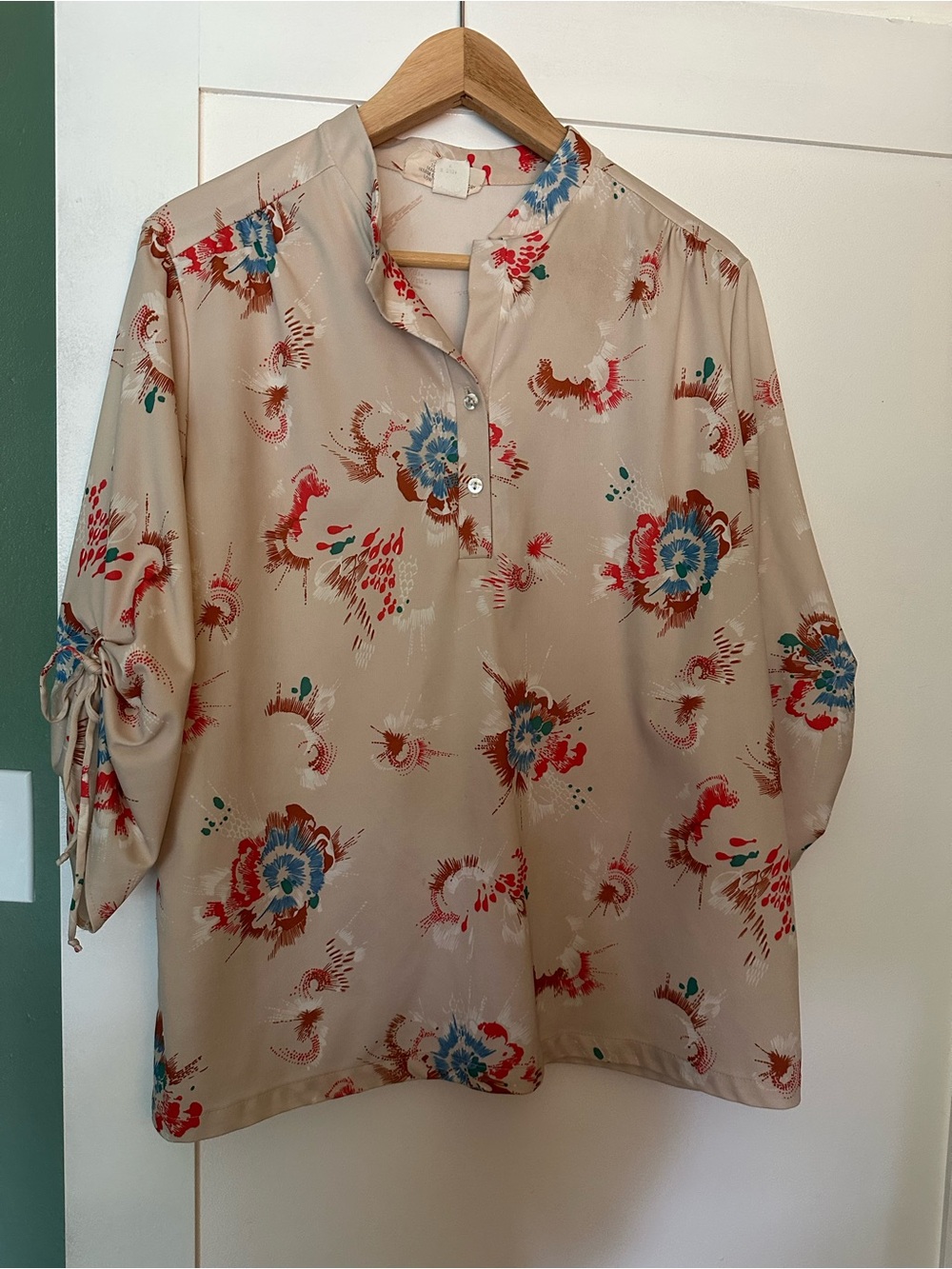 Beige Floral Button-Neck Women's Top